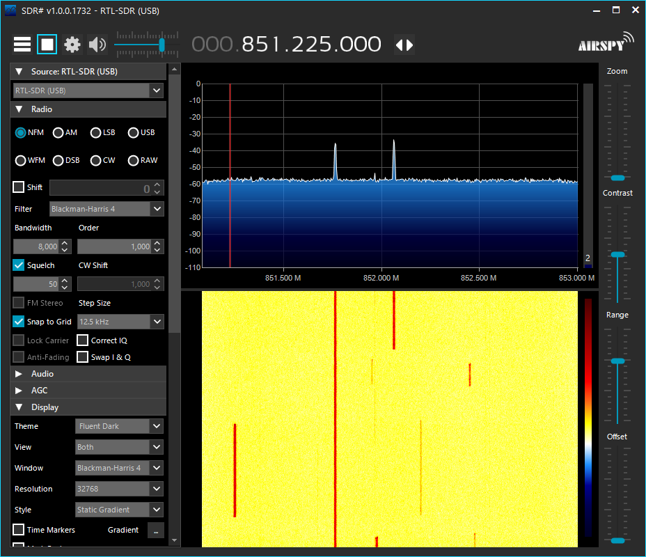 one constant signal and a bunch of other signals coming in and out at other frequencies