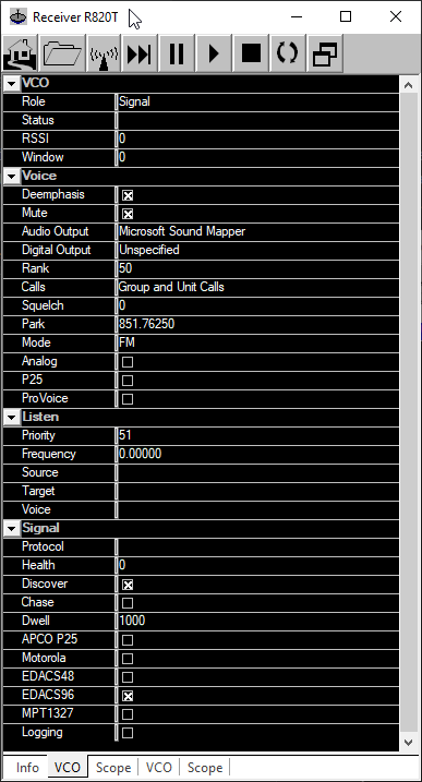 the RTL-SDR VCO 1 settings