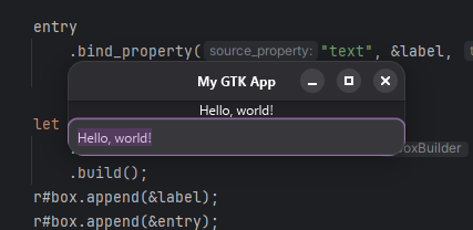 a screenshot of a text label and a text field both saying Hello, world!