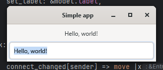 a screenshot of a text label and a text field both saying Hello, world!